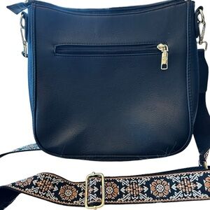 Elegant Black Medium sized Vegan Crossbody Bag with Patterned Guitar Strap